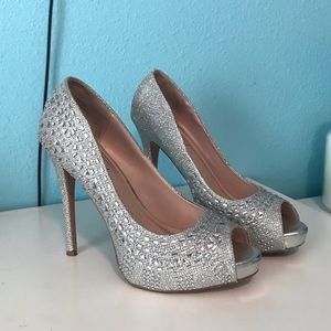 Silver Rhinestone Open-Toe Pumps